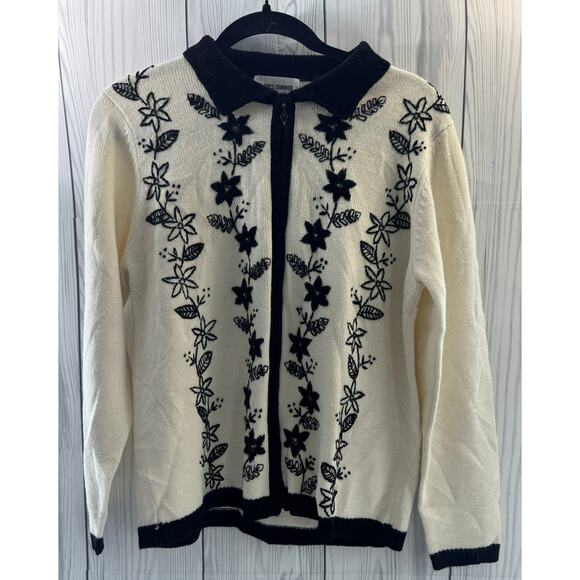 Vintage Alfred Dunner Cream Black Embroidered Floral Cardigan Sparkle Small - Picture 1 of 8